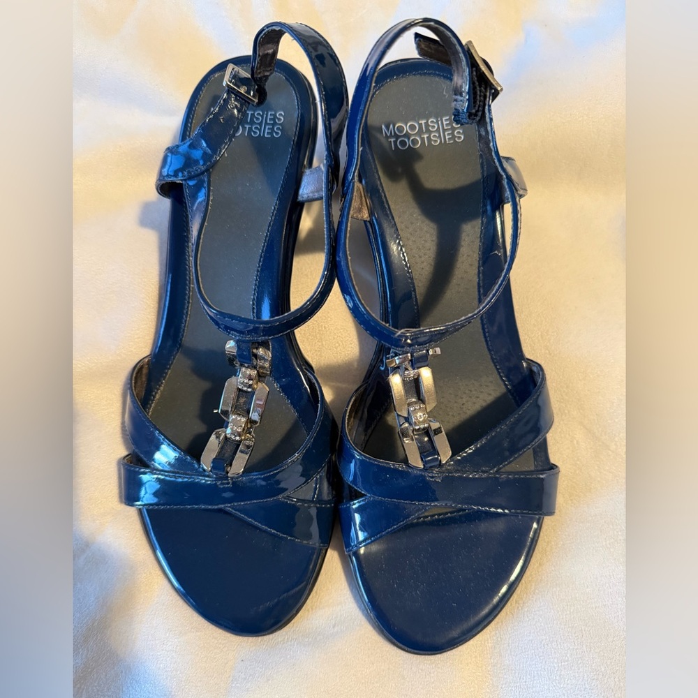 Mootsies Tootsies Dk Blue Patent Leather Sandals w/Silver Sparkly Accents size 9